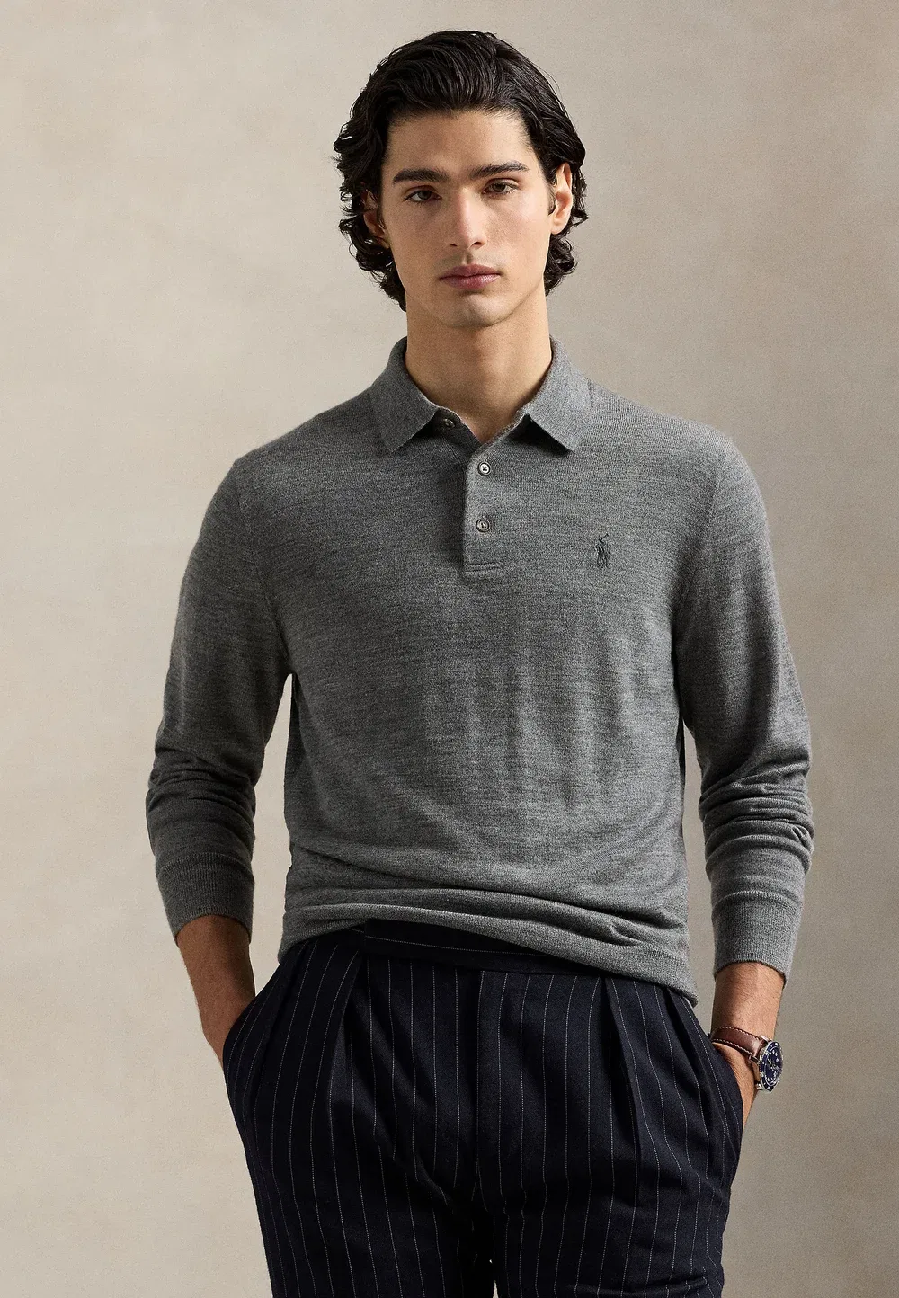 Шерстяной свитер с воротником-поло, который можно стирать Polo Ralph Lauren, Fawn Grey Heather