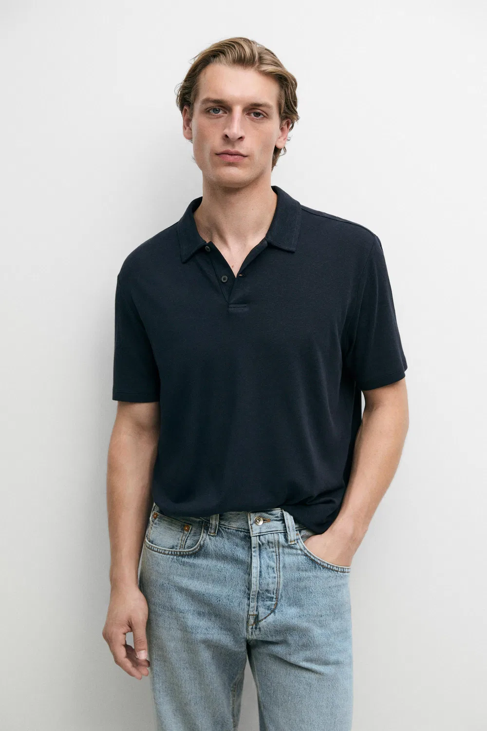 Поло с коротким рукавом из льна и хлопка Massimo Dutti, темно-синий — фото 2