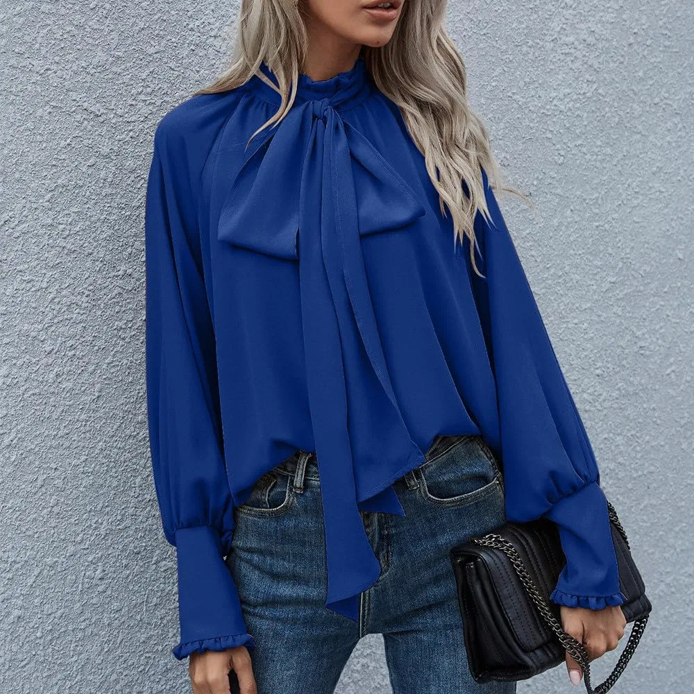 Женская блуза с бантом и рукавом-фонарик, модель Elegant Pullover, Blue — фото 4