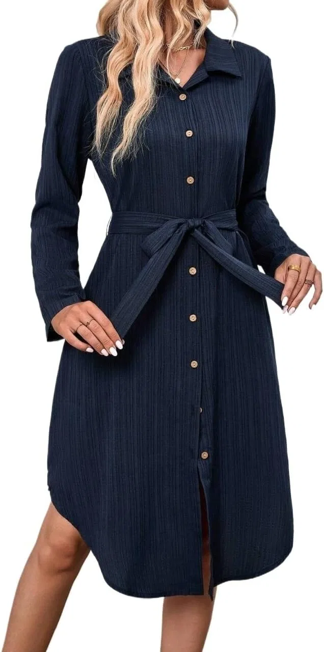 Женское платье-рубашка с длинным рукавом, Navy Blue