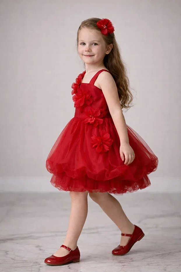 Детское платье для девочек с принтом Floral Tulle Balloon Dress Modabesta, Red — фото 2