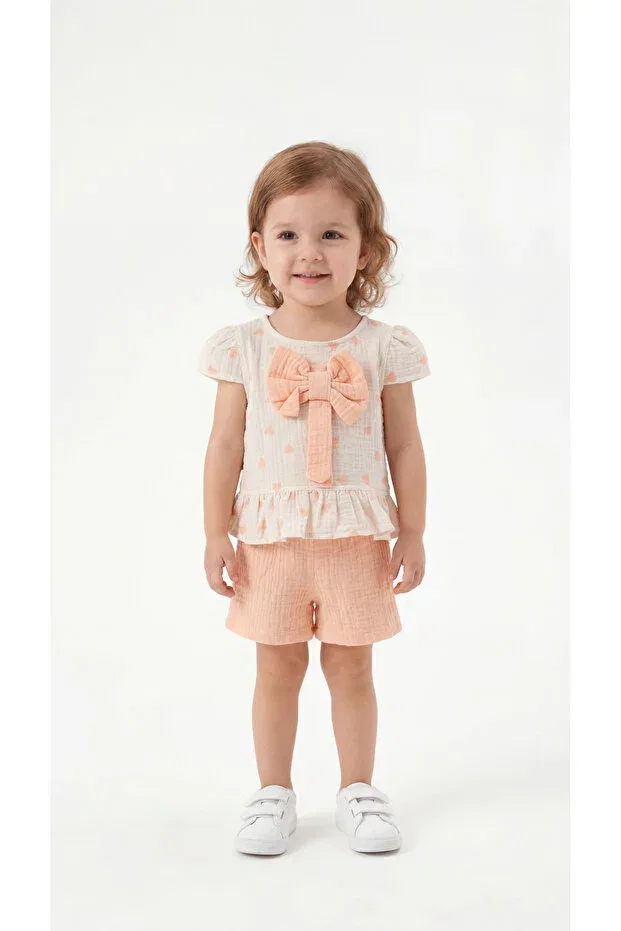 Детский комплект для девочек с принтом Heart Patterned Bowknot Mışıl Kids, Salmon
