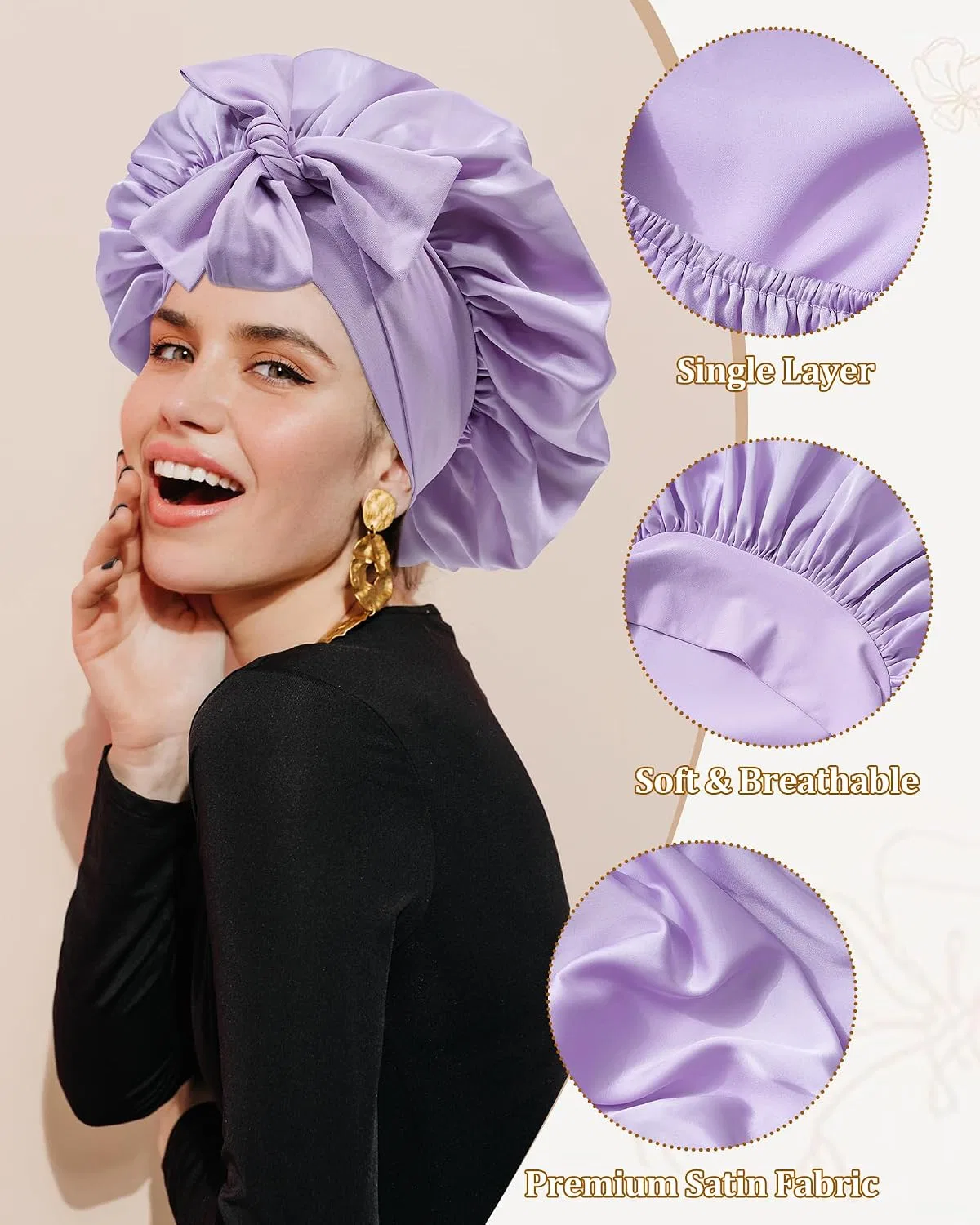 Сатиновый чепчик для сна с эластичной лентой, CHLINS, Light purple — фото 3