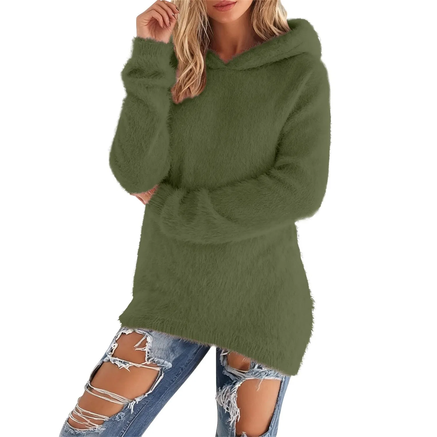 Женский свитшот с капюшоном из флиса с длинным рукавом, Green