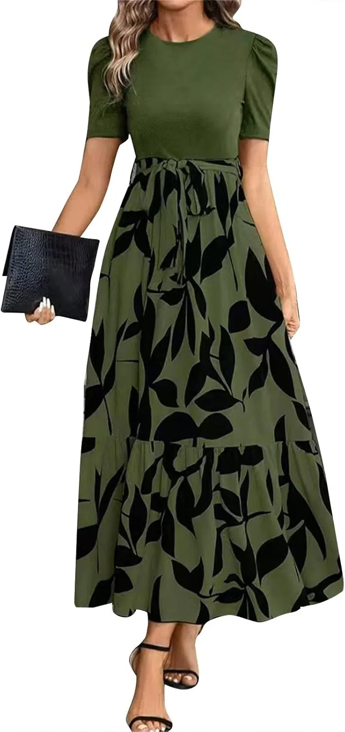 Женское летнее макси-платье с коротким рукавом, Army Green