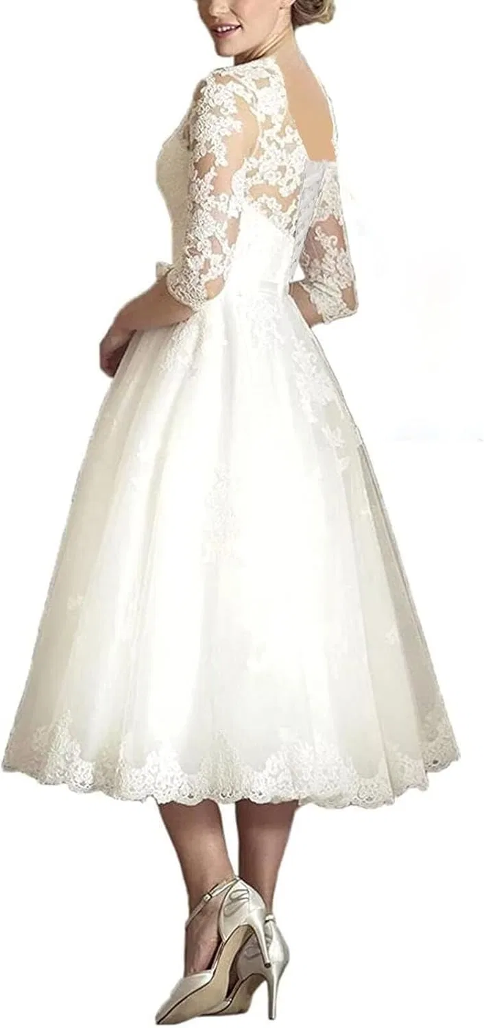 Женское свадебное платье с кружевными аппликациями Tea Length, Ivory — фото 2