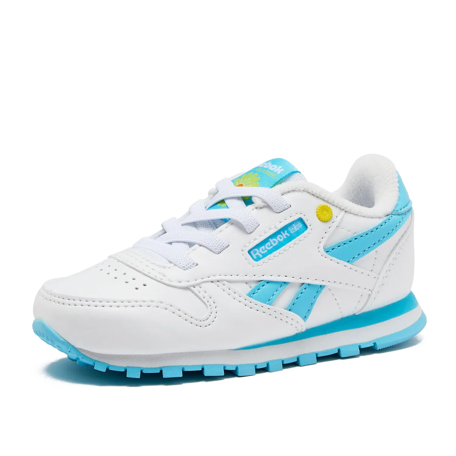 Детские кроссовки для девочек и мальчиков с кожаным верхом Classic Leather Reebok, Child White Blue Digital Yellow Electric