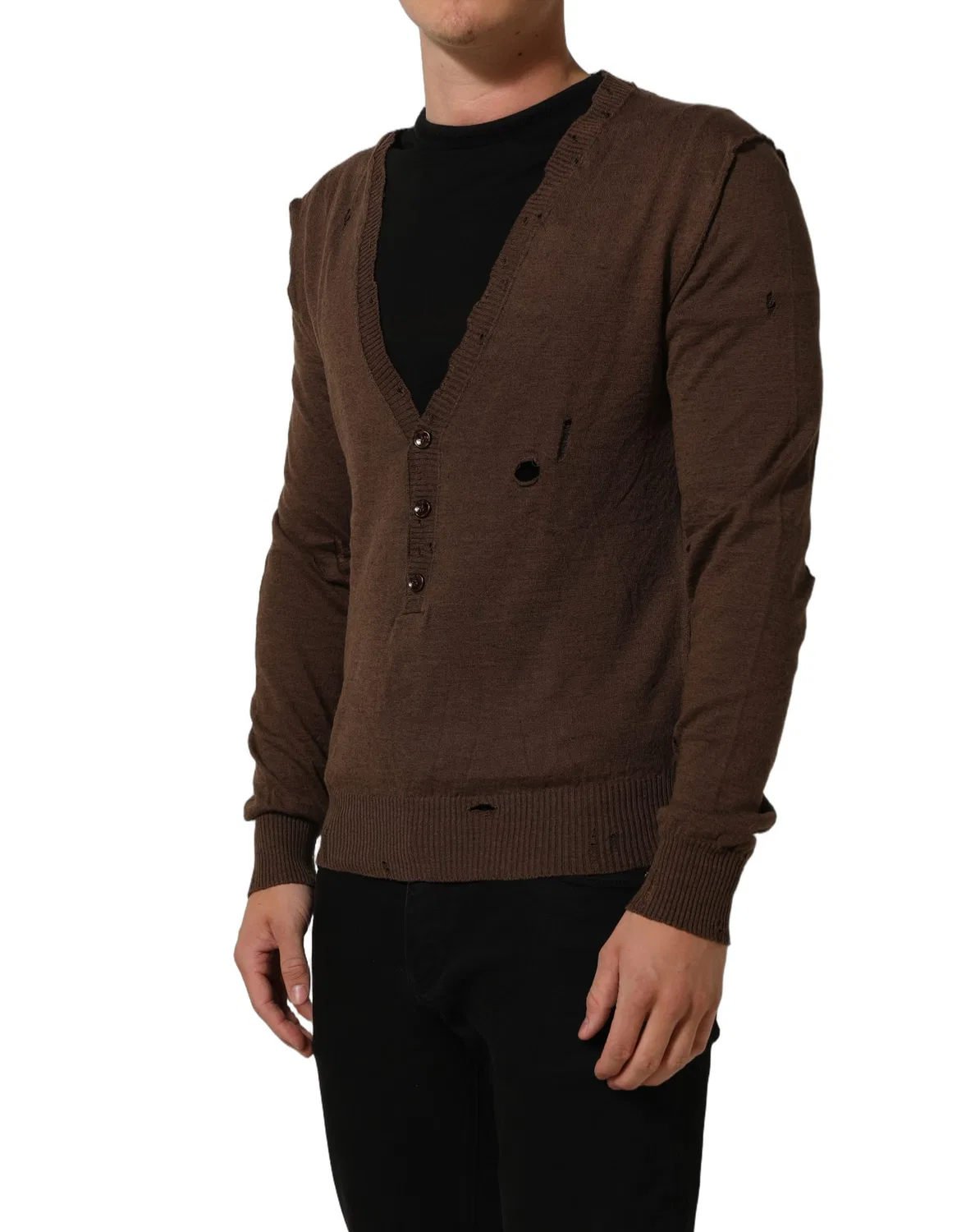 Мужской пуловер с V-образным вырезом и пуговицами Brown Flax Dolce & Gabbana, Brown — фото 4