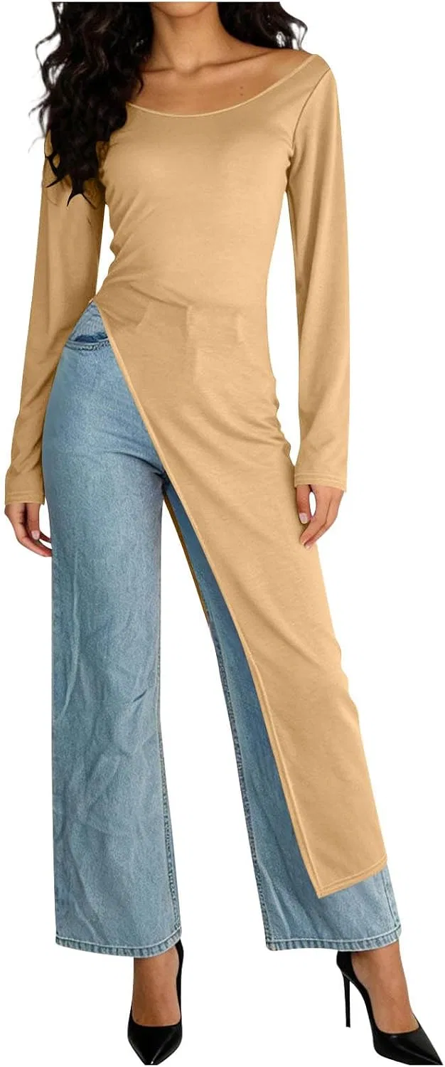 Женское платье миди с длинным рукавом и высоким разрезом Slim Fit, Khaki