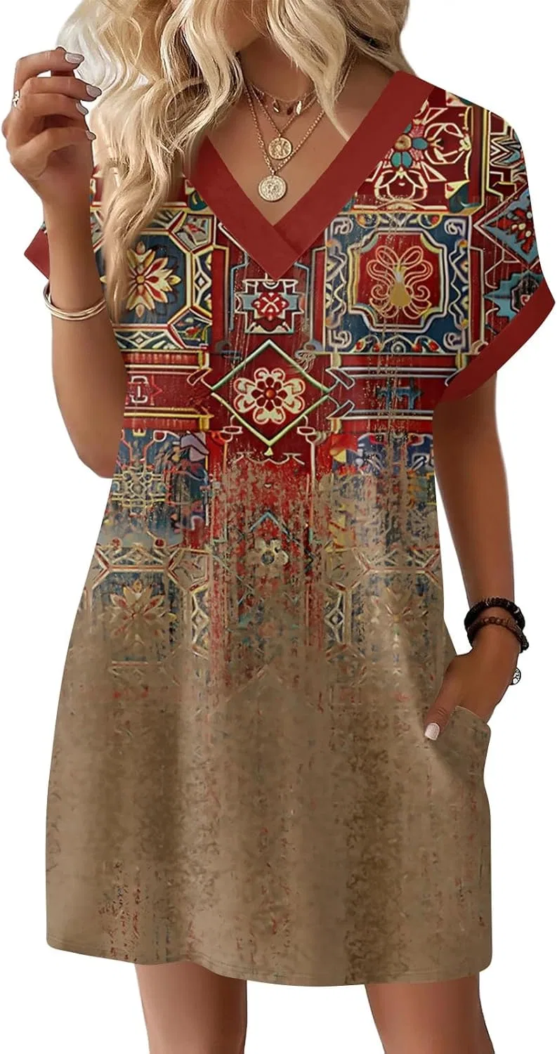 Женское летнее платье с V-образным вырезом Casual, Brown