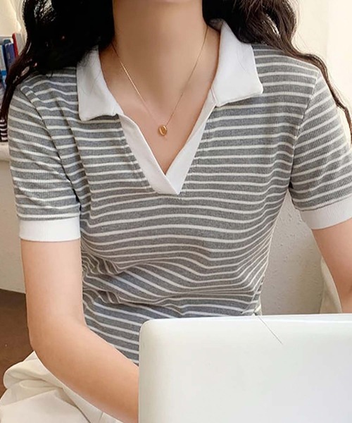 

Футболка-поло с коротким рукавом, ребристая ткань в полоску Girly Doll, серый