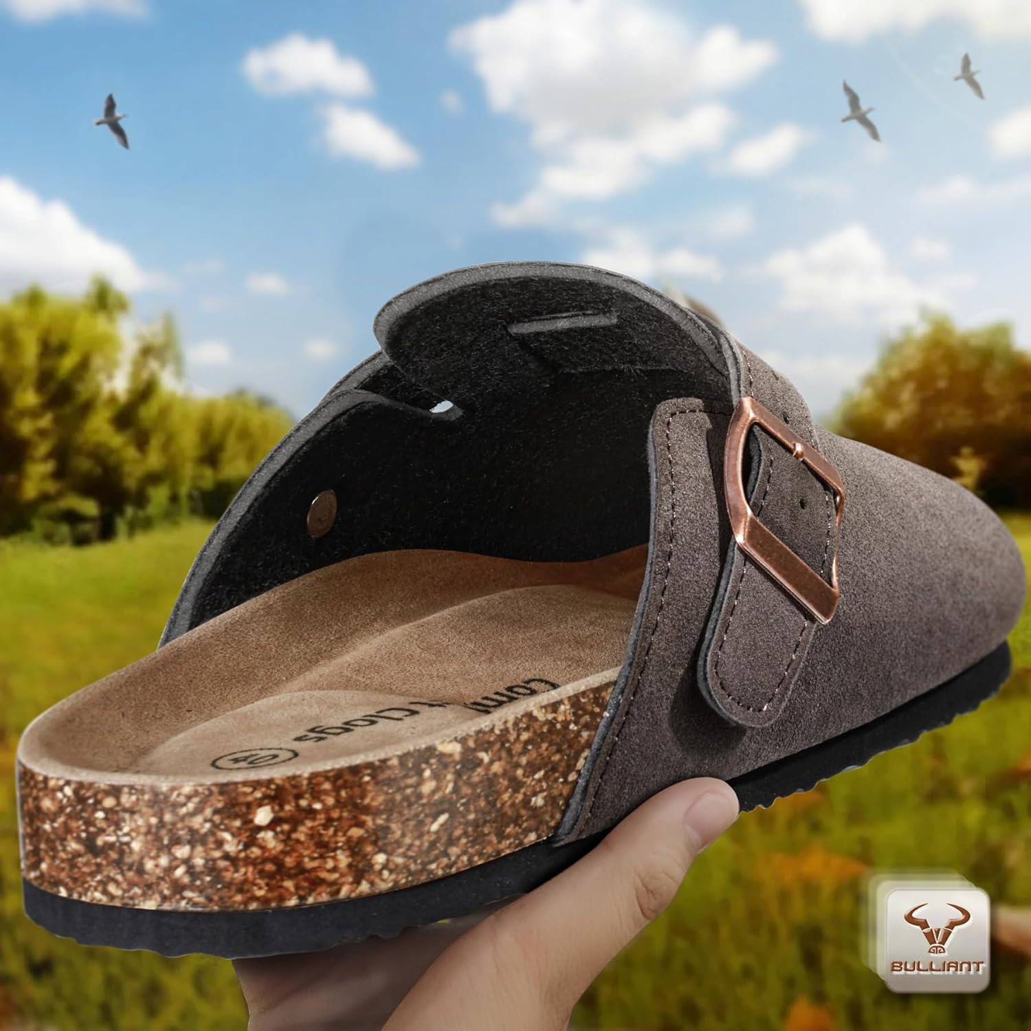 Женские сабо BULLIANT с подкладкой из флиса, замшевые туфли-мюли, тапочки, обувь для медсестер, унисекс, с поддержкой свода стопы из пены с эффектом памяти, стелька из пробки, Sauce Coffee7565 — фото 2