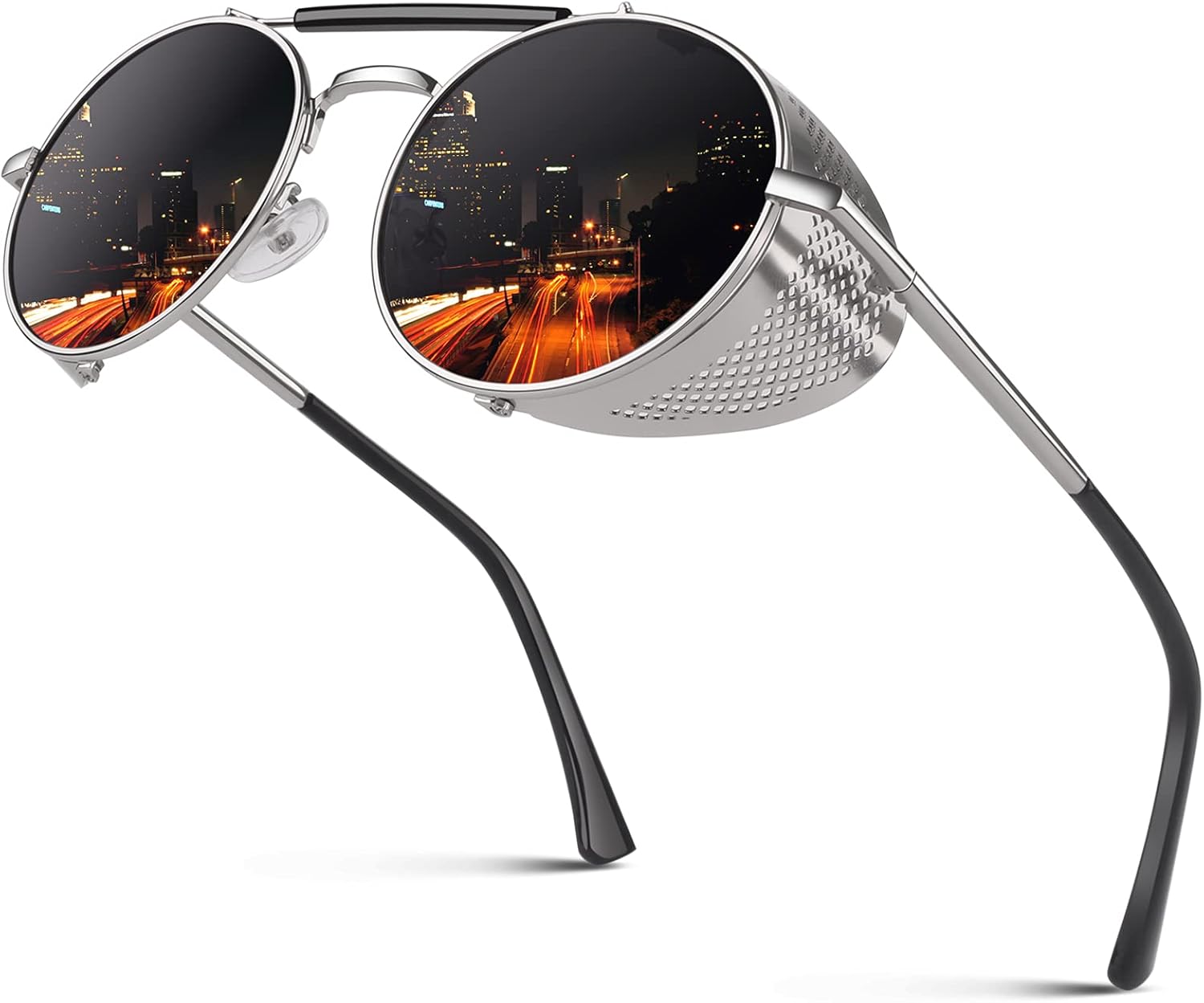 

Солнцезащитные очки CGID в стиле ретро-стимпанк, круглые, поляризованные, для мужчин и женщин, с металлическими боковыми щитками, защита от УФ-излучения UV400, Silver Frame / Grey Lens