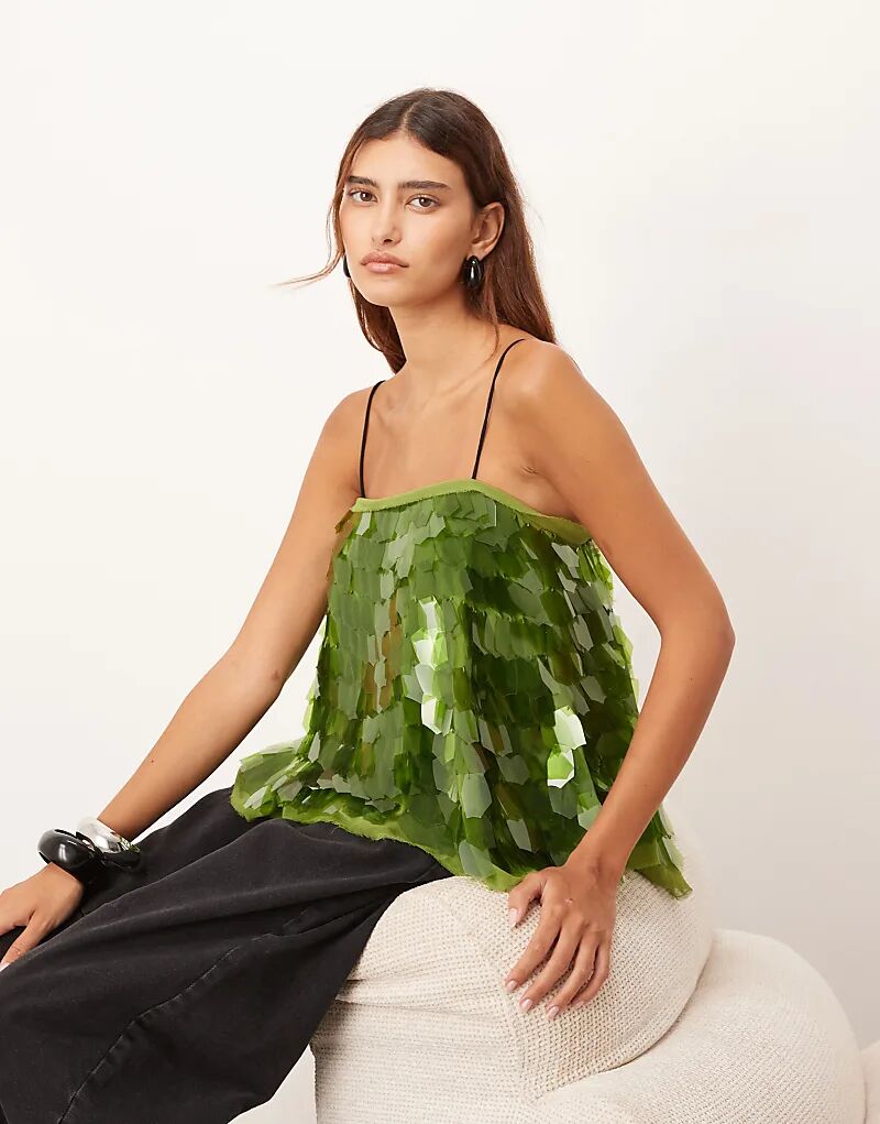 

Топ ARRANGE Shard с пайетками и контрастными бретелями оливкового цвета