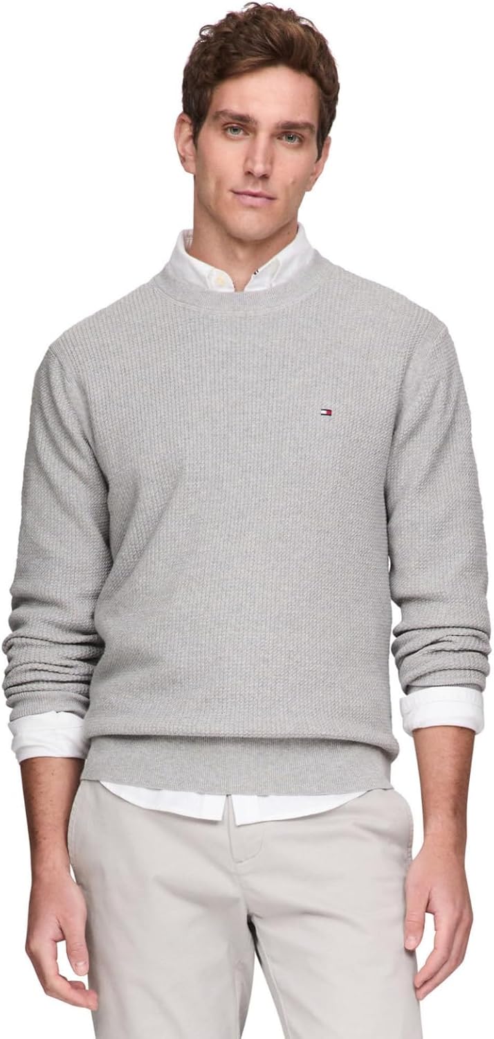 

Мужской свитер Tommy Hilfiger с вафельной вязкой и круглым вырезом, легкий пуловер, также доступен в размерах для больших и высоких женщин., Light Grey Heather