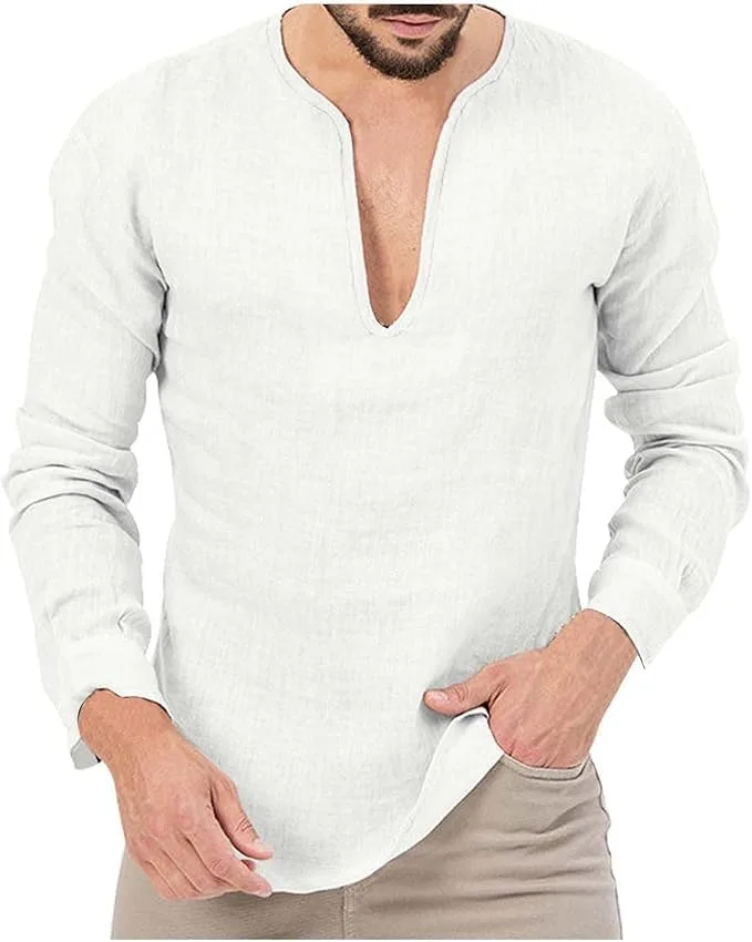 

Мужская хлопковая льняная рубашка-поло с длинными рукавами