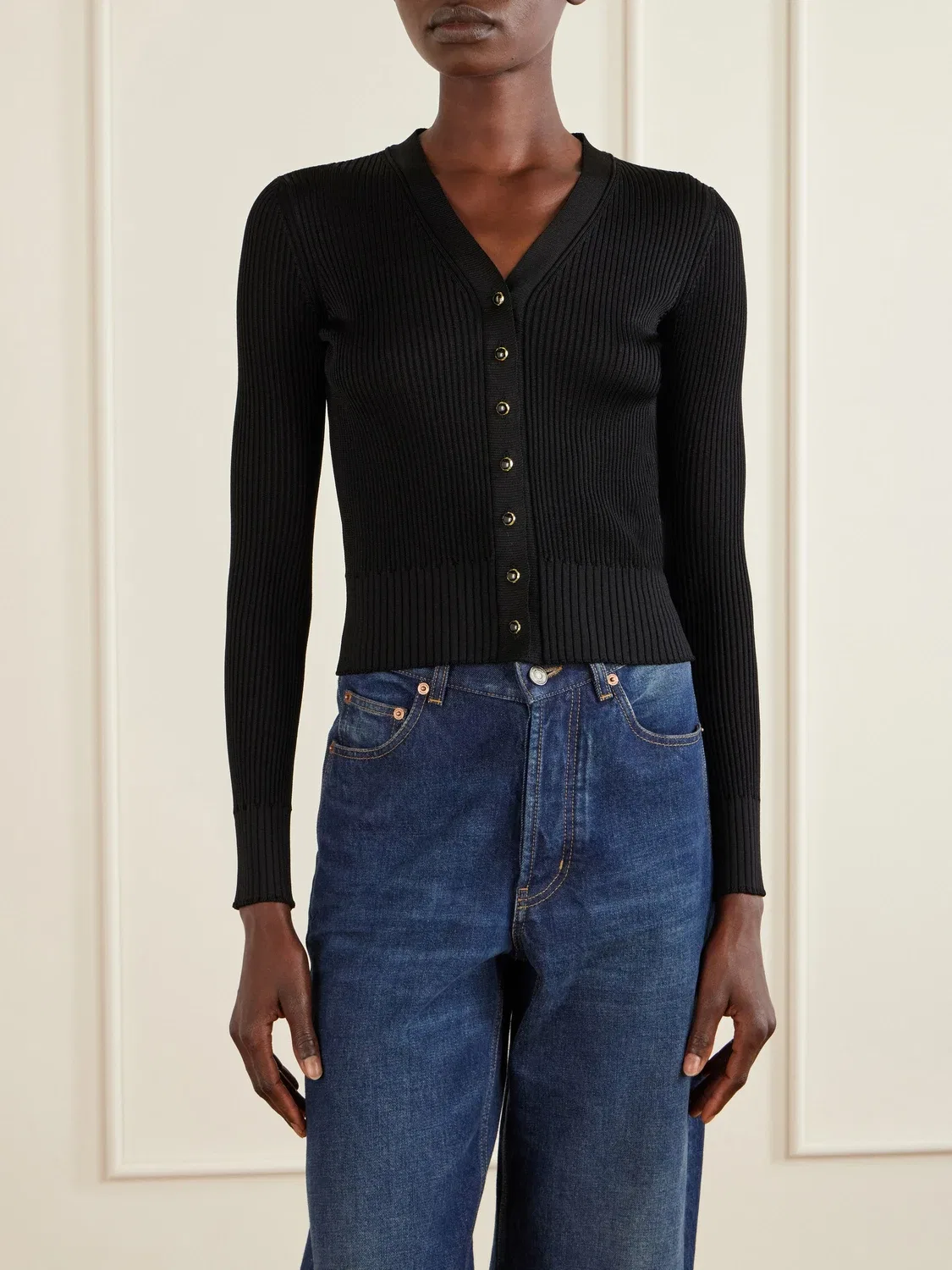 Кардиган из шерсти, кашемира и шелка в рубчик с кружевной отделкой Saint Laurent, черный — фото 3