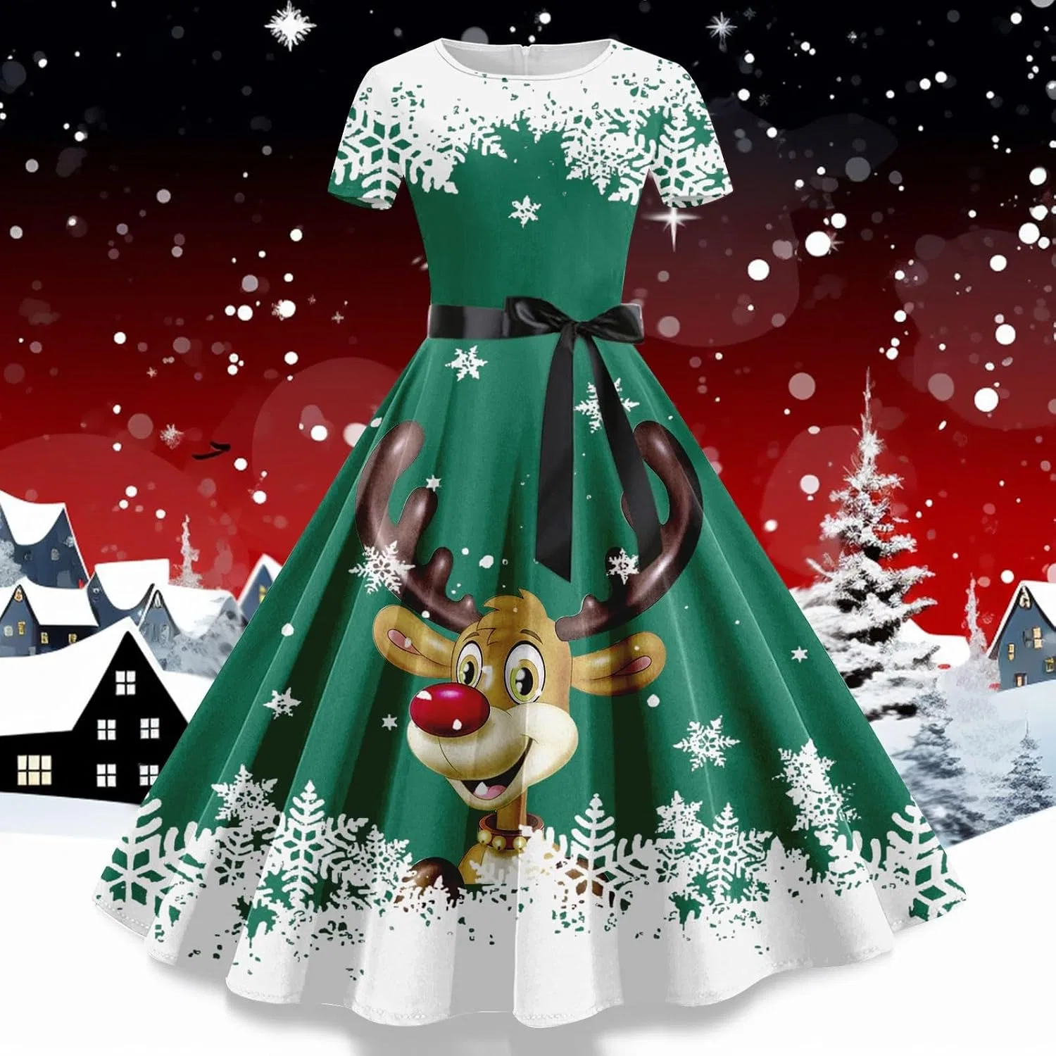 Женское платье с принтом оленей 1950s Retro Party Dress, Green — фото 2