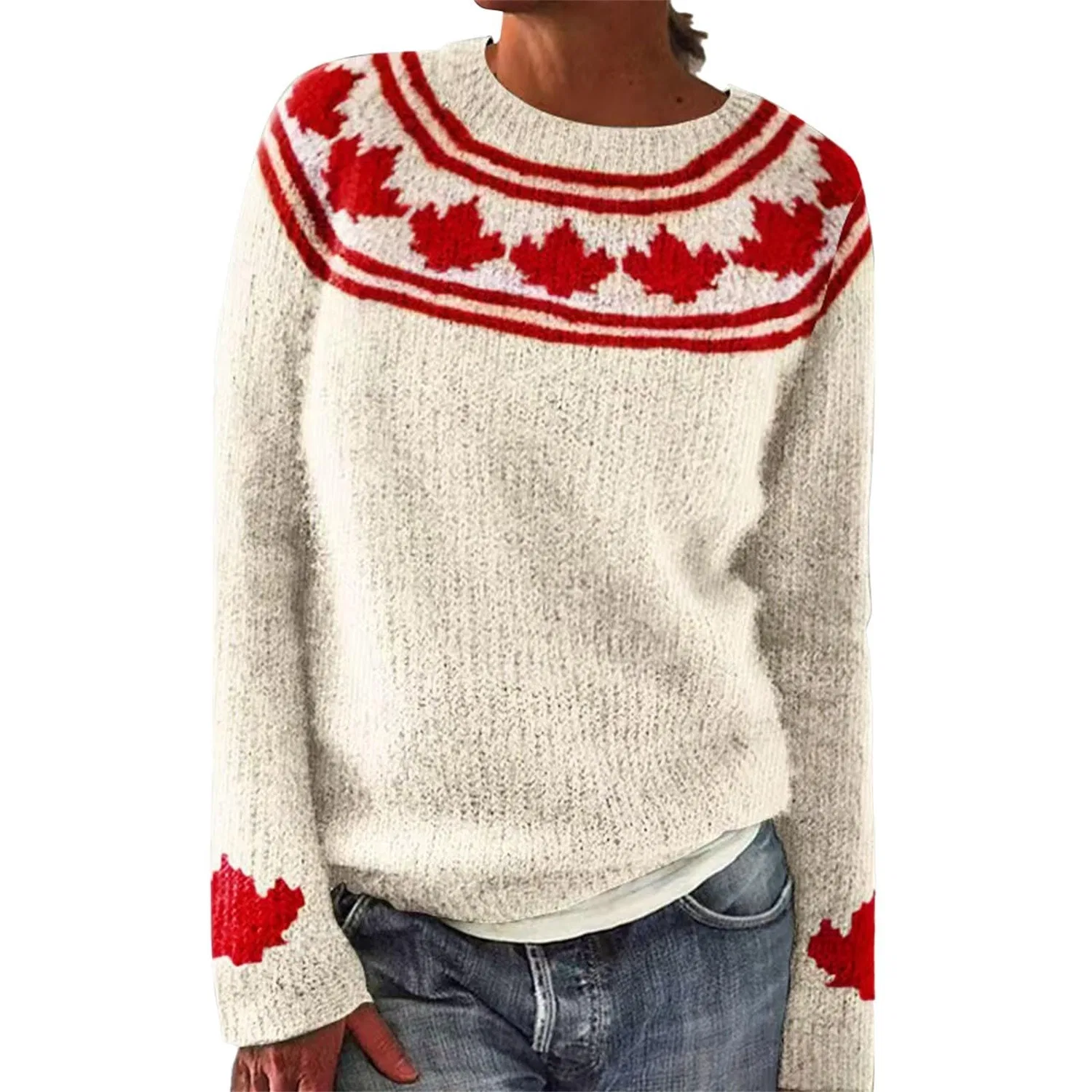 Женский свитер оверсайз с принтом Maple Leaf Print, Beige