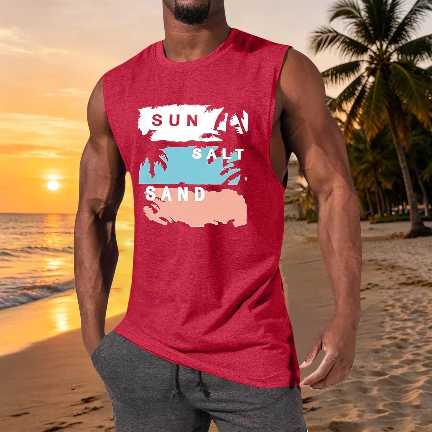 Мужская майка без рукавов с принтом Vintage Block Salt Sun Sand Palms, Rosso — фото 2
