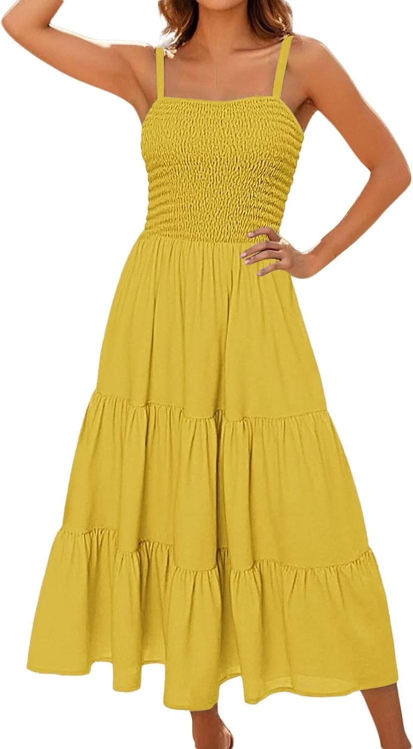 Женское летнее макси-платье на бретелях Smocked Tiered Beach Sundress, Yellow