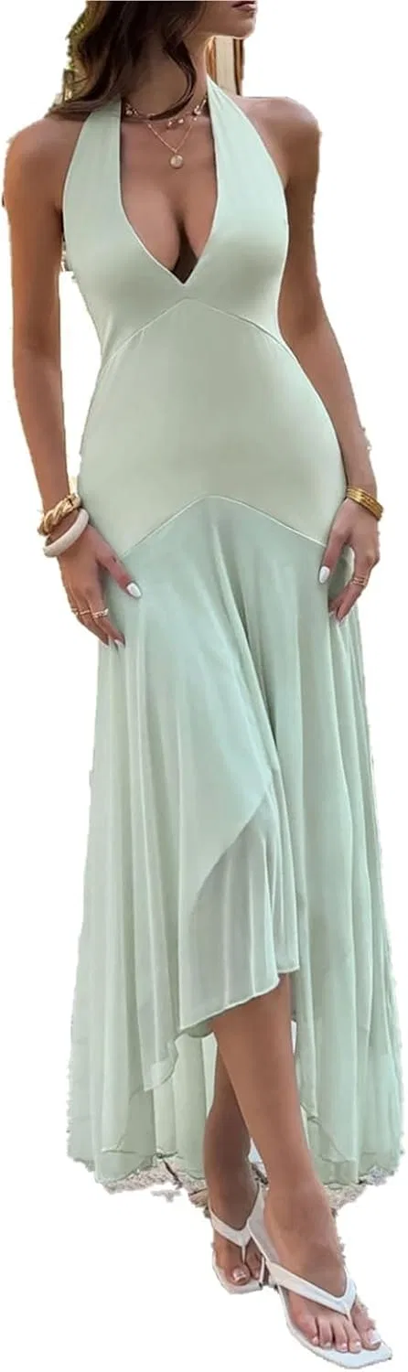 Женское вечернее платье с глубоким декольте и открытой спиной Maxi, Green