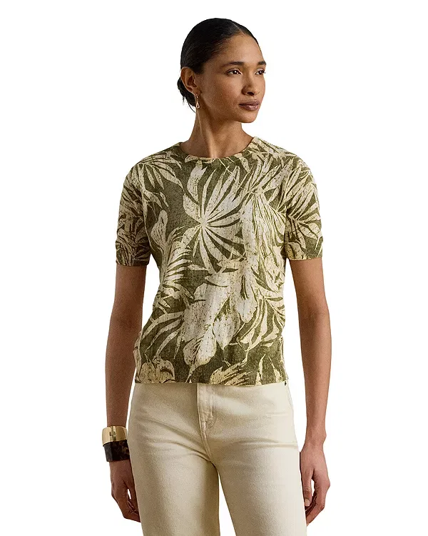 Женский свитер с принтом Petites Palm Frond Print Short Sleeve Sweater Ralph Lauren, Farm Olive