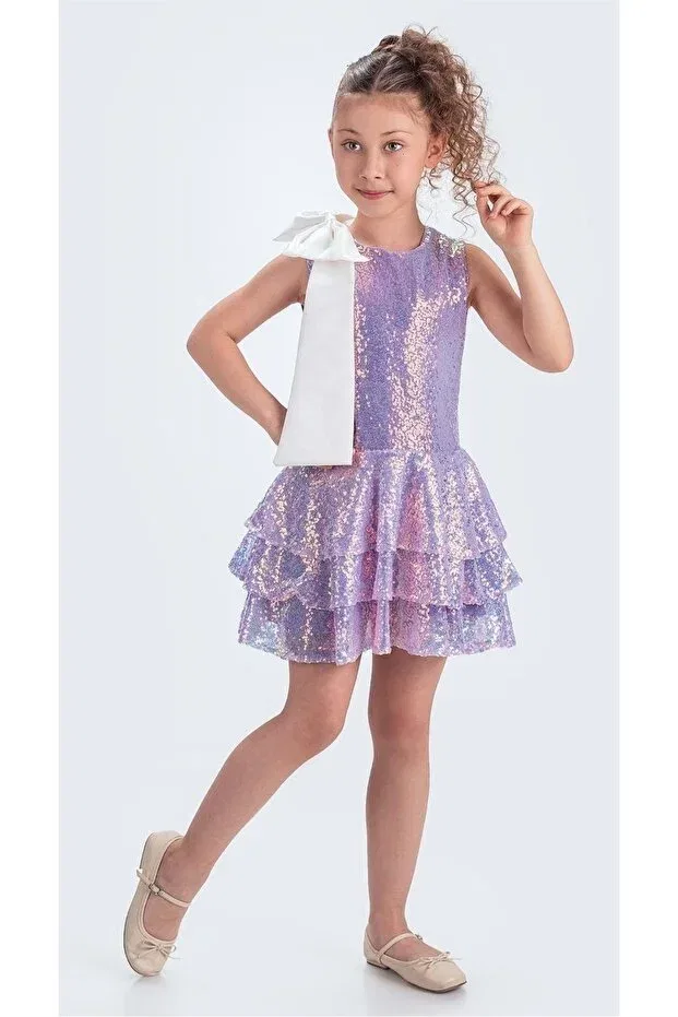 Детское платье для девочек с пайетками Collar Bow Sparkly Sequin Fabric Girls Evening Dress M00702 Mnk Baby&Kids, Lila