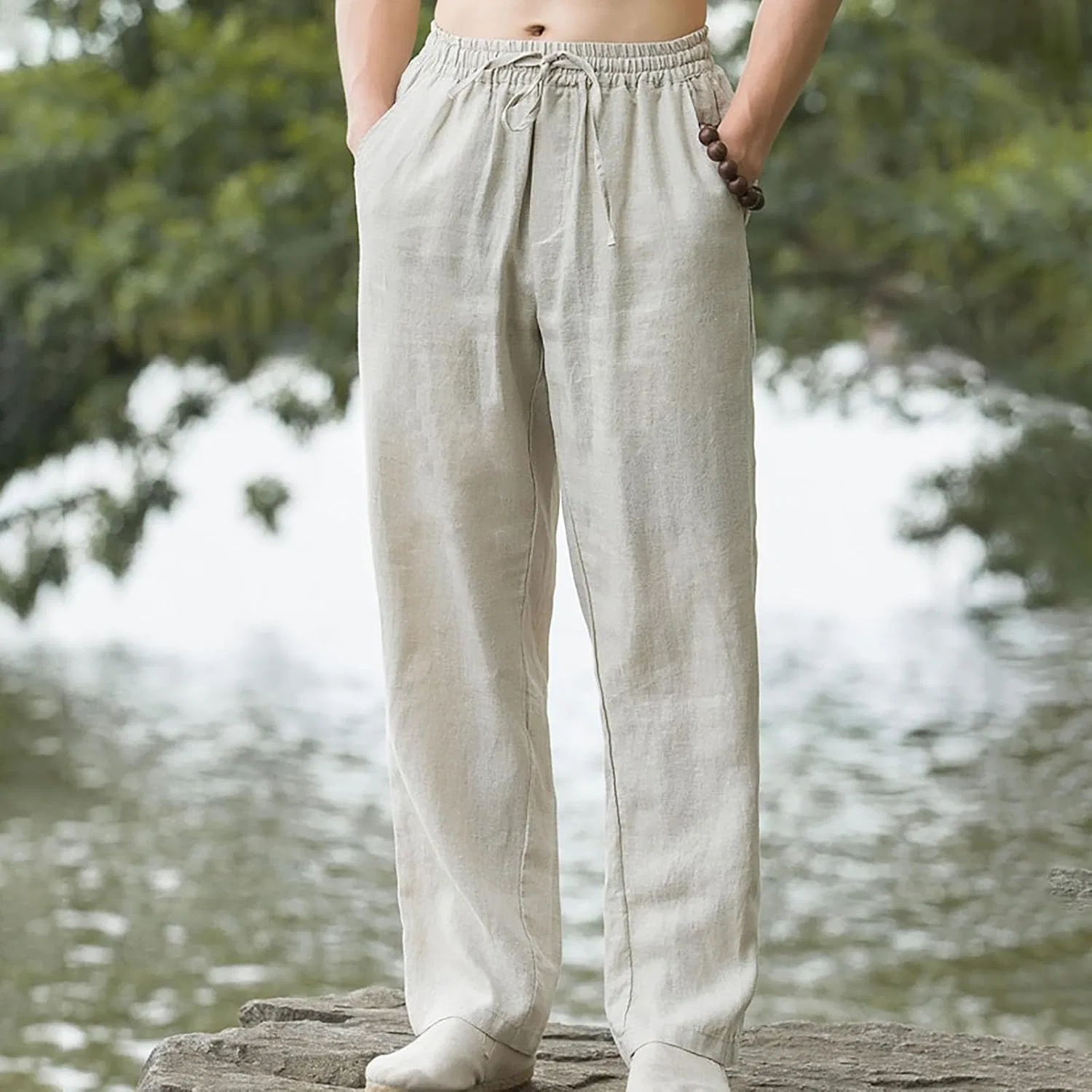 Мужские легкие спортивные брюки с открытым низом, Straight Leg, Lounge Pant with Pocket, бежевый — фото 3