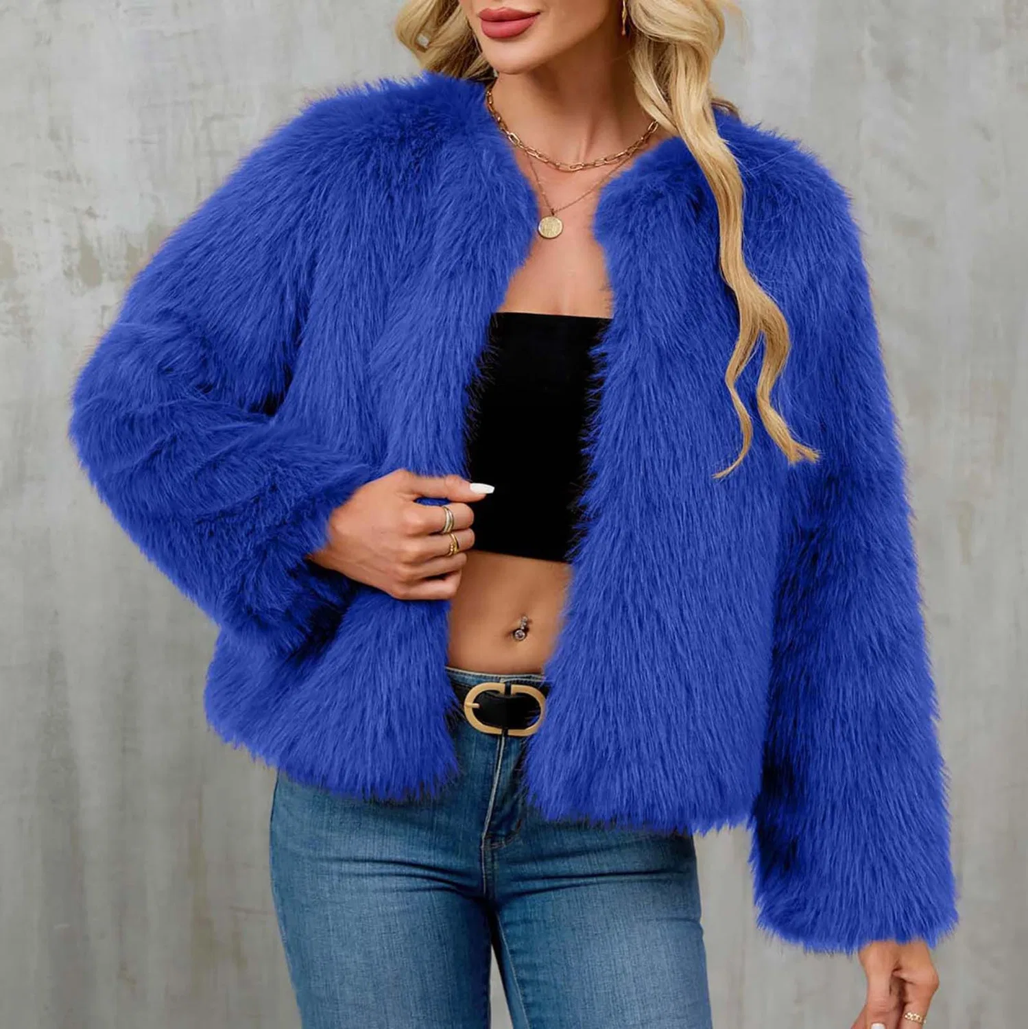 Женское пальто из искусственного меха с длинным рукавом, B Blue — фото 3