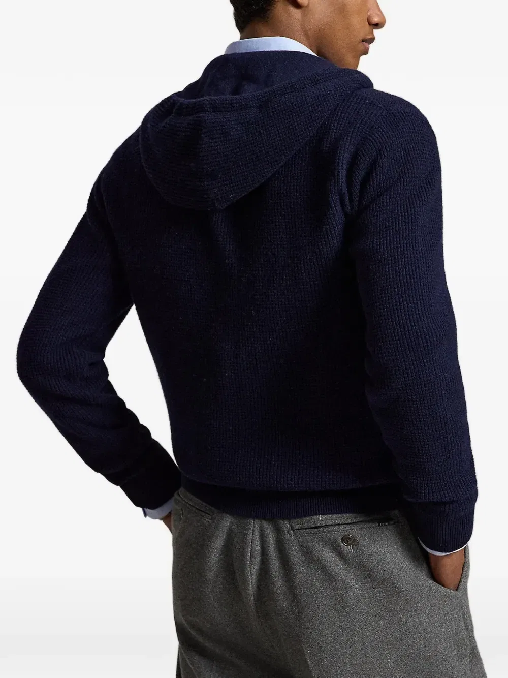 Вязаный вафельной вязкой свитер с капюшоном из шерсти и хлопка Polo Ralph Lauren, синий — фото 3
