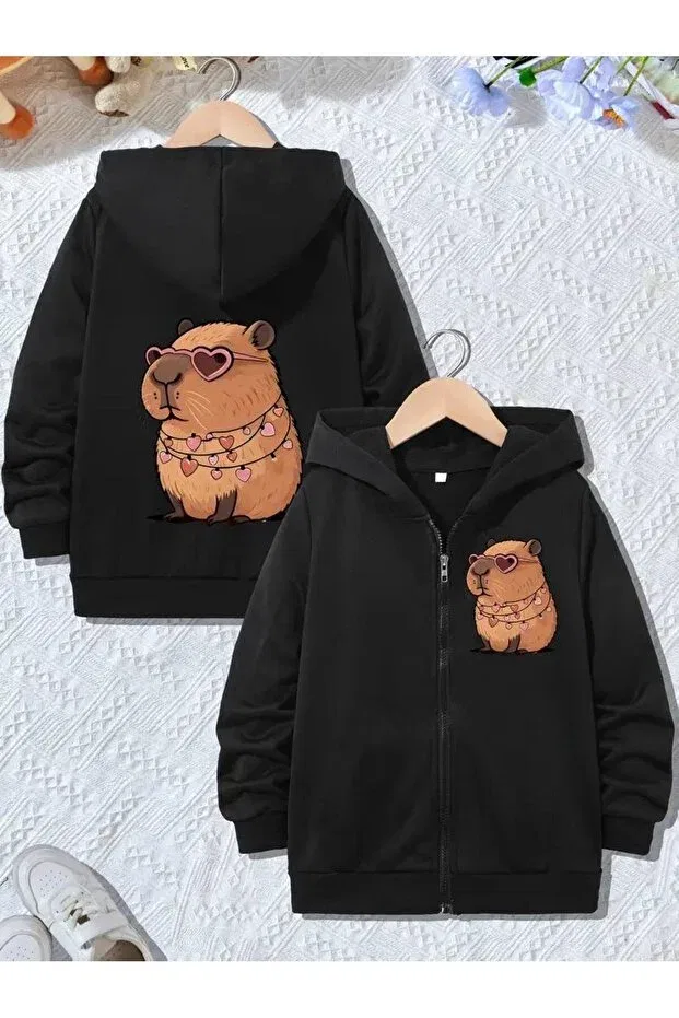 Детский кардиган с принтом Capybara Front-Back Printed Hooded Zippered Louisa, Black — фото 2
