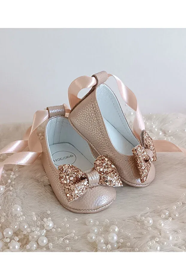 Детские балетки для девочек из натуральной кожи Perla salmon genuine leather baby ballerina shoes Hodore, Salmon With Stones