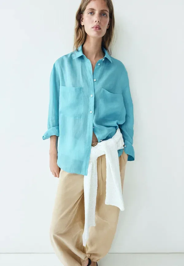 Блуза свободного кроя Button-down blouse Massimo Dutti, крапчатый синий — фото 4