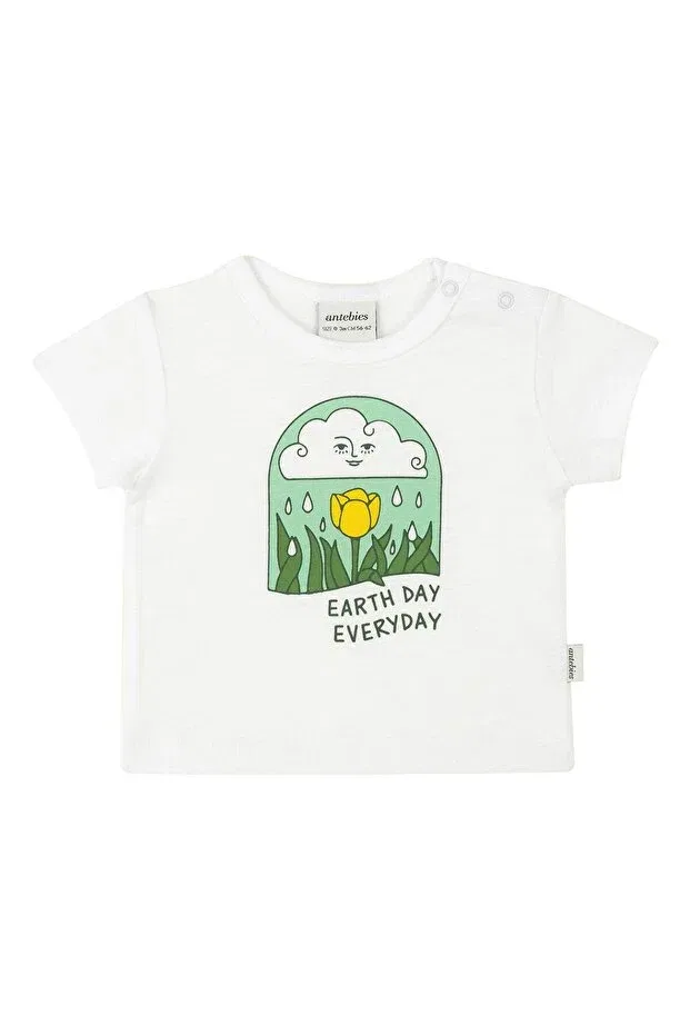 Детская футболка с принтом Organic White Earth Day Printed Short Sleeve Girl Boy Baby Tshirt Antebies, White