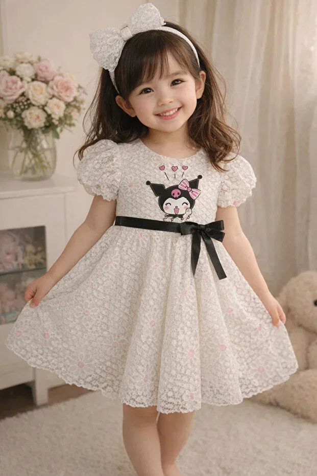 Детское платье для девочек с принтом Kuromi Hn Sport, White/Pink