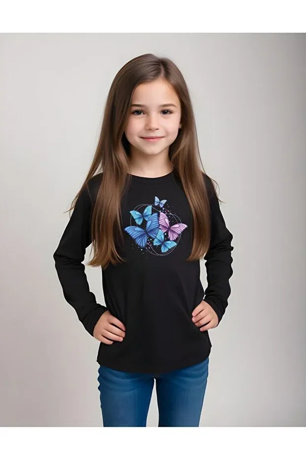 Детское для девочек свитшот с принтом Butterfly Pattern Printed Panios Kids, Black