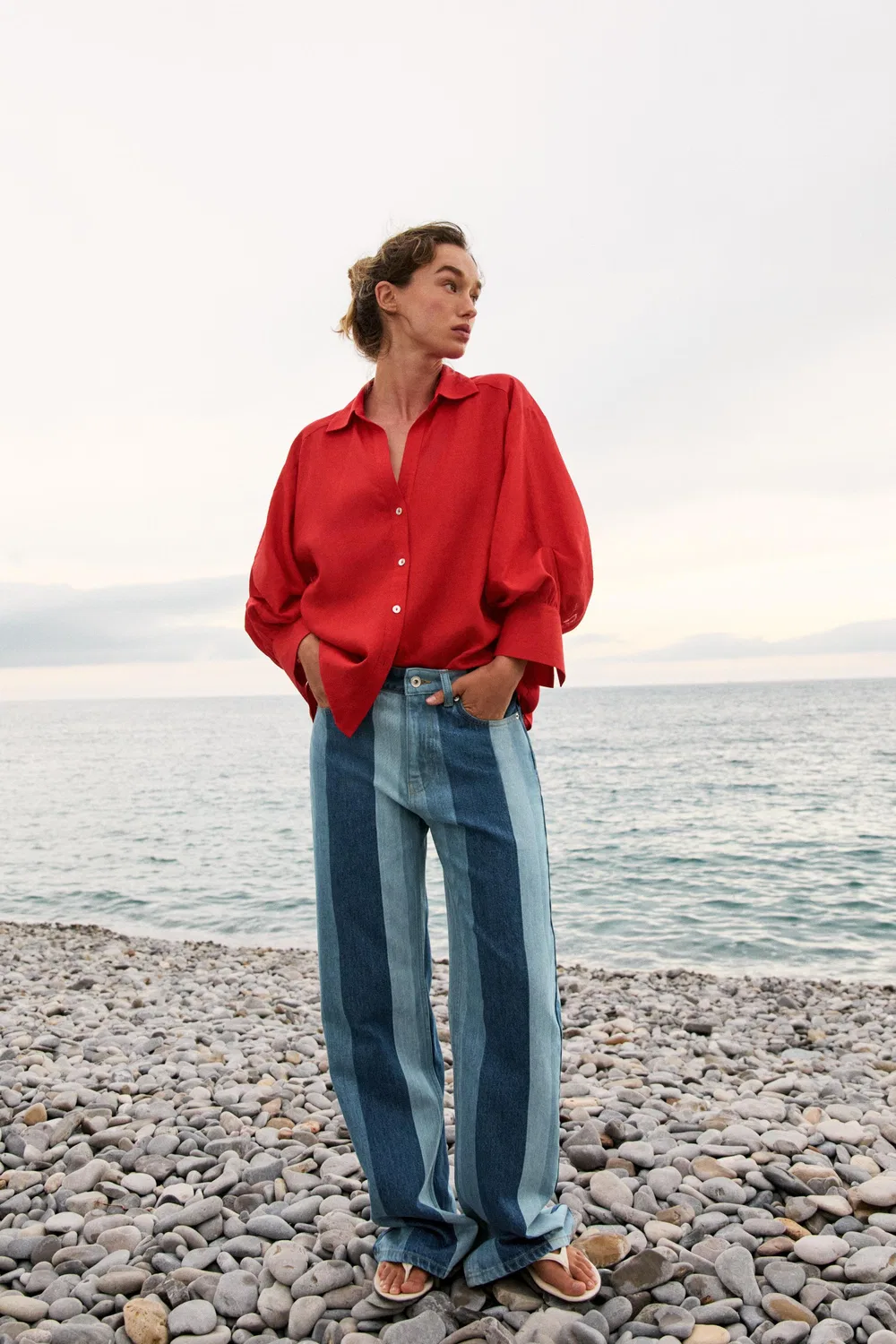 Рубашка с пышными рукавами из льняной смеси ZARA, Red