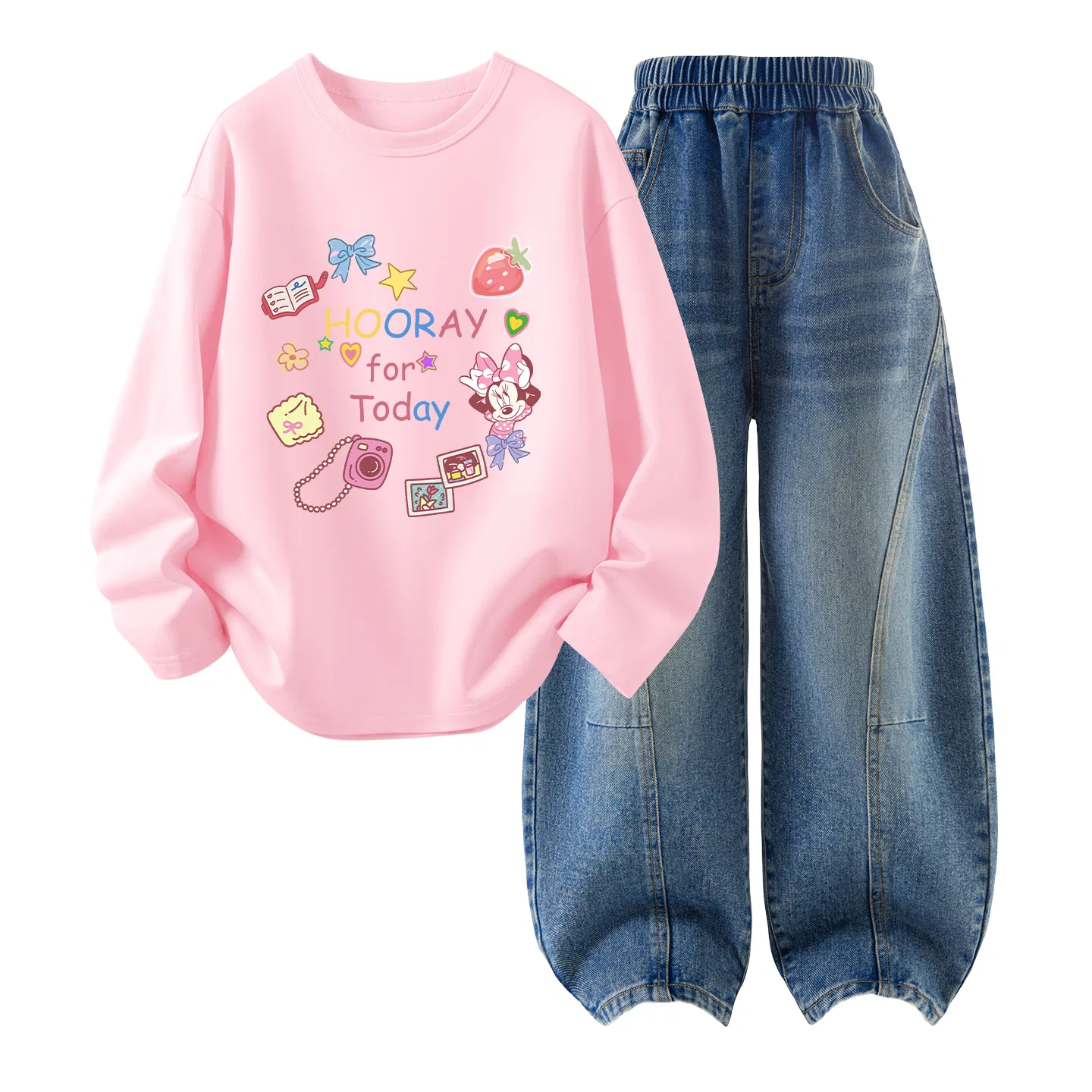 Детский комплект повседневной спортивной одежды с принтом Daisy Bow Minnie White+Solid Color Denim Blue Disney — фото 4