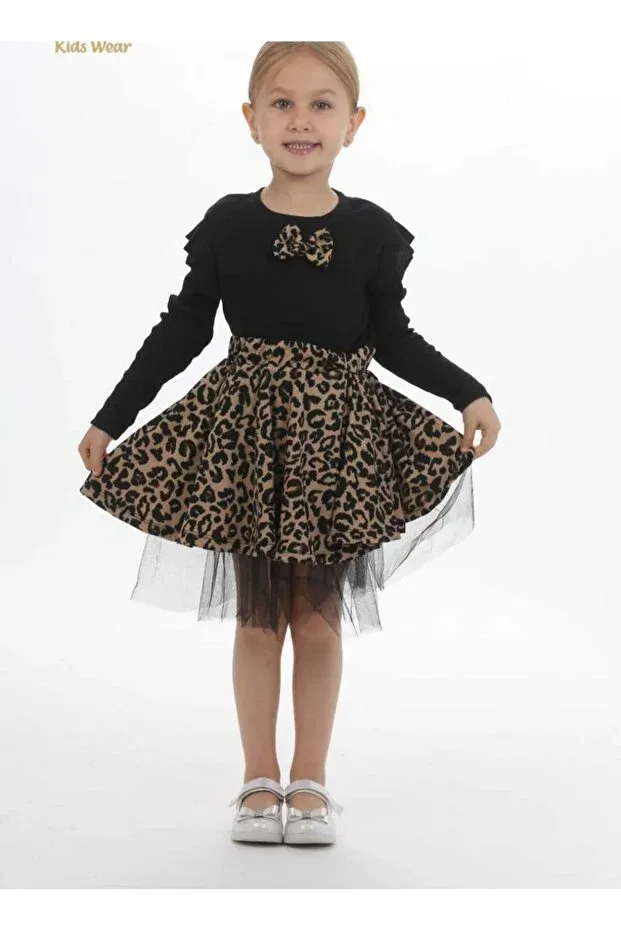 Детское платье для девочек с принтом Girl's dress leopard print tulle lycra stretchy combed cotton dress Azra Çocuk Giyim, Black