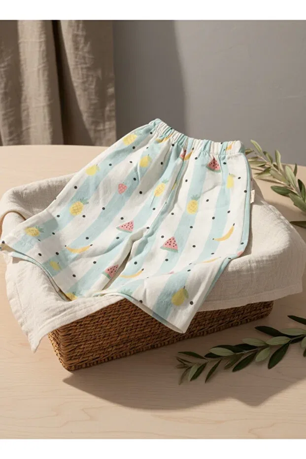 Детские штаны для девочек с принтом Fruit patterned double layer muslin oversize bottom layer Zemze Baby, Green — фото 3