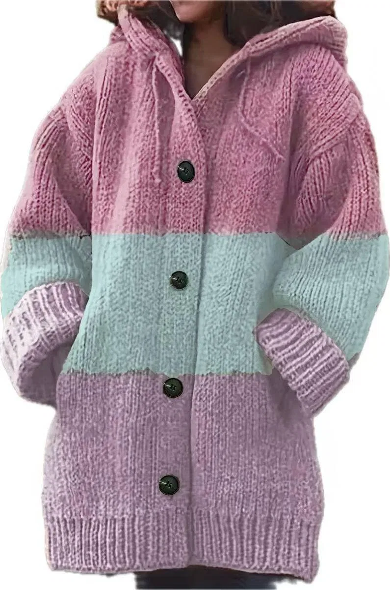 Женский кардиган на пуговицах с капюшоном, Stripe Sweaters, розовый