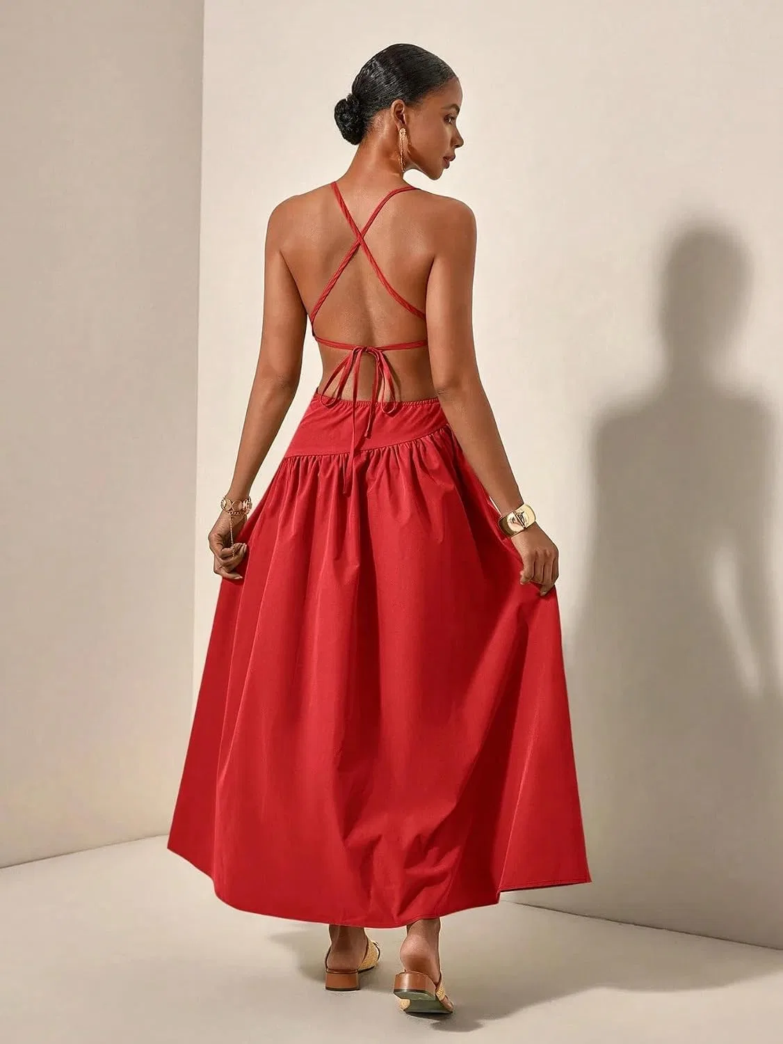 Женское длинное платье на бретельках с вырезами Ruched, Red — фото 2
