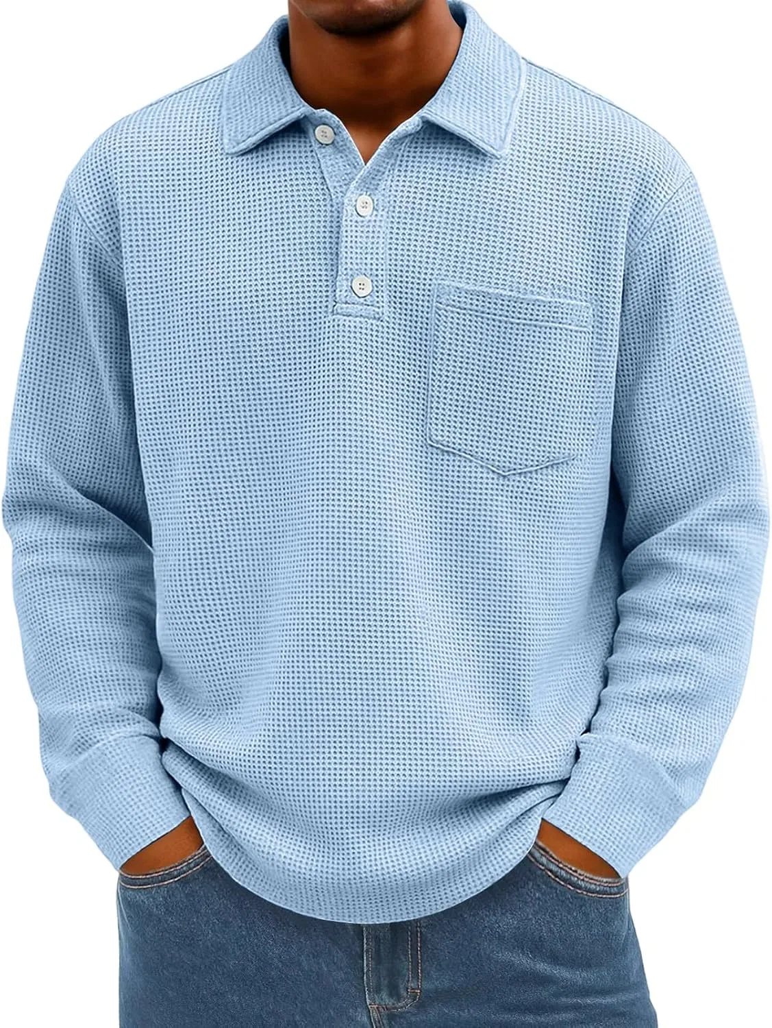 Мужская длинная футболка поло с воротником и карманом, Light Blue