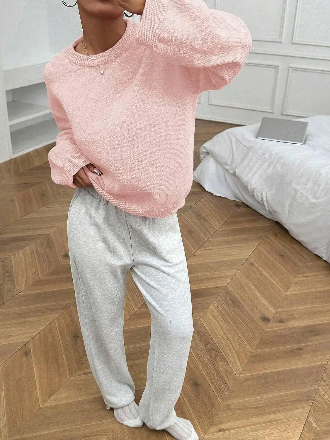 Женский пуловер с длинным рукавом, Plain Round Neck Long Sleeve Casual Pullover Sweater Fashion Outfits, розовый — фото 3