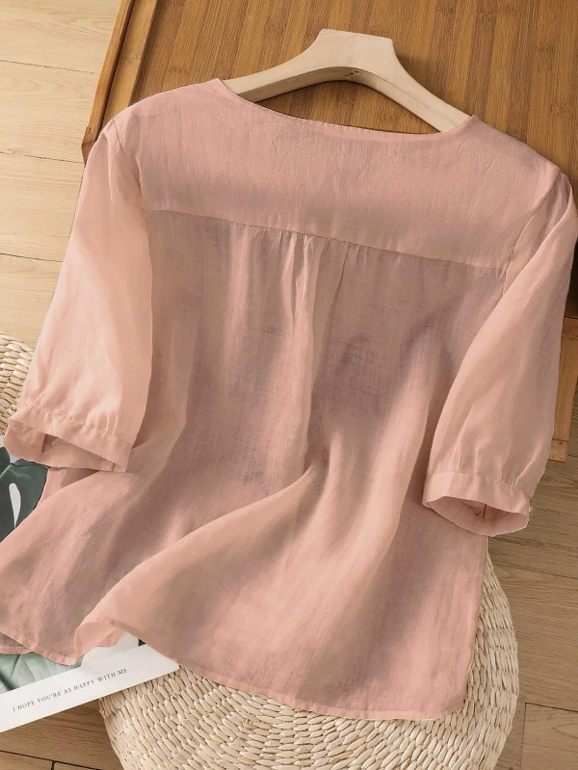 Женская блузка с вышивкой Estate 3/4 Lunghezza Manica Girocollo Camicetta Casual Tunica Larga, Rosa Di Loto — фото 3