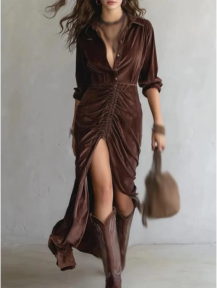 Женское платье из экокожи с запахом, Western Retro Irregular Ruffle Lapel, кофейный — фото 2