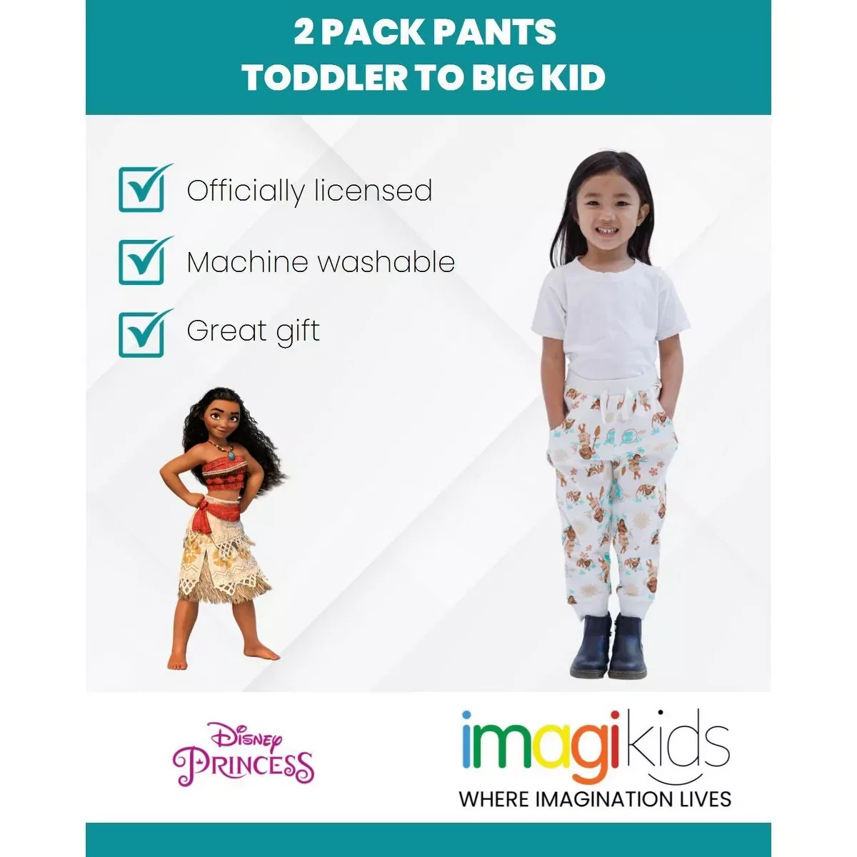 Детские брюки для девочек с принтом Disney Princess 2-Pack Moana Belle Rapunzel Jasmine Ariel Cinderella, Moana — фото 3