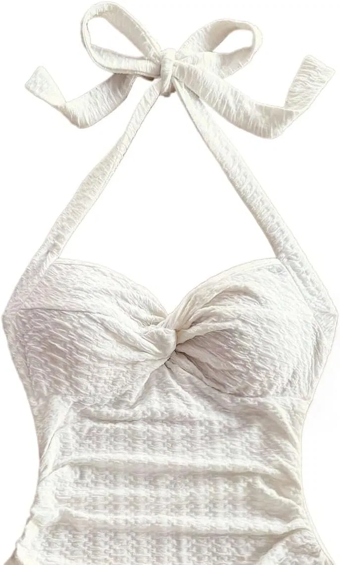 Женское летнее ками-платье с завязками на шее Twisted Waist, White — фото 3