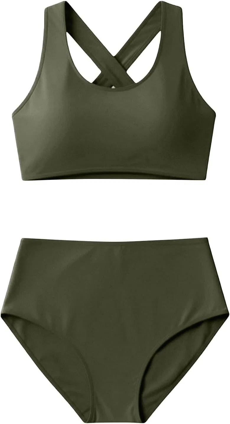 Женский танкини-бикини сет с завышенной талией, Army Green — фото 4